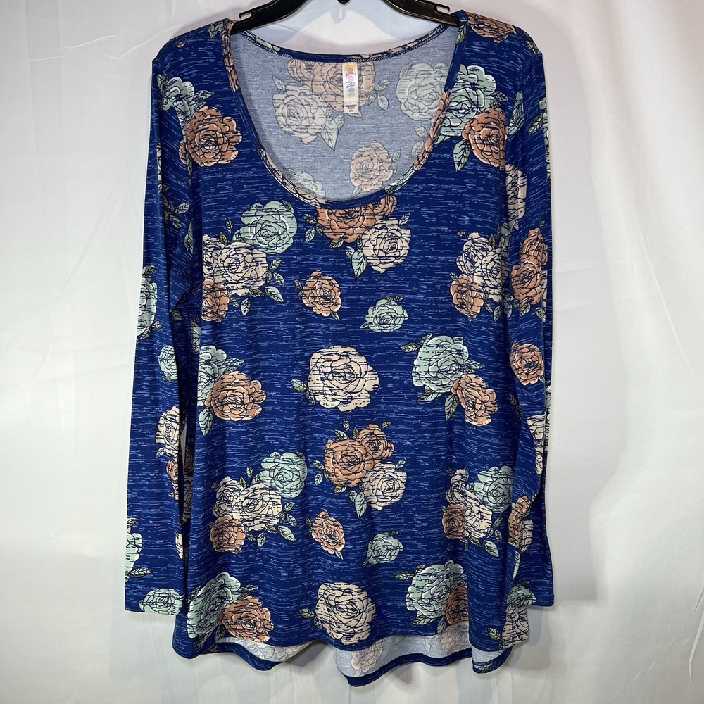 Lularoe 2XL Blue Long sleeve Lynnae Floral Soft Tunic Roses Teal Salmon Flowers